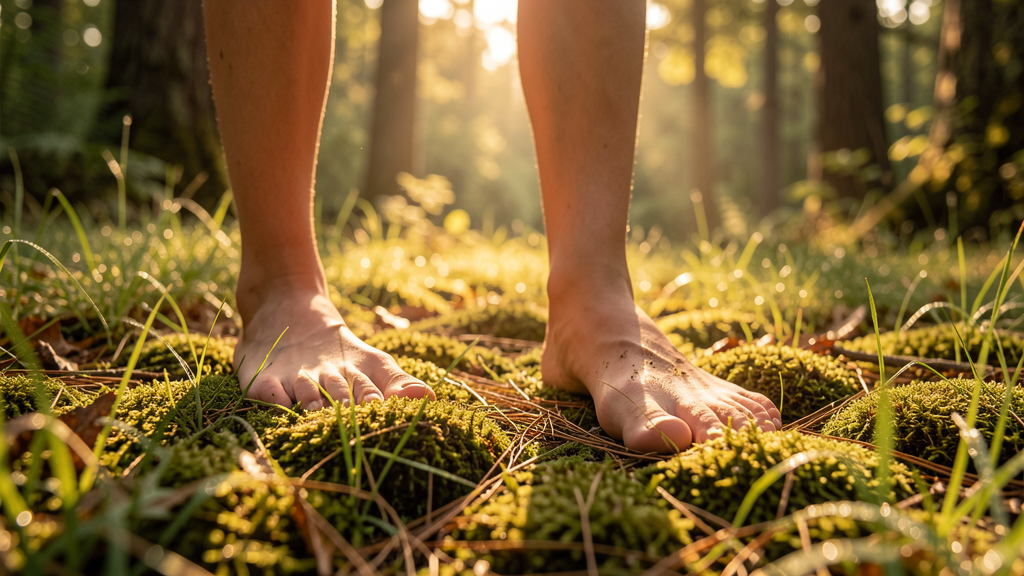 Bare feet on moss-covered earth in a sun-dappled forest clearing