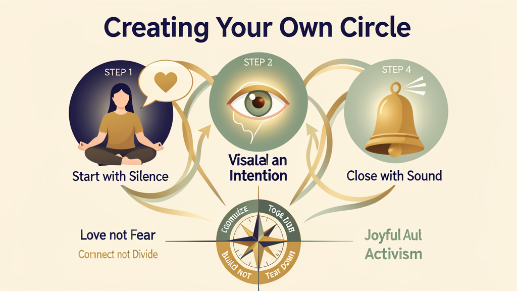 Infographic: 4-step circle practice — Silence, Intention, Visualize, Sound — with a Love-centered compass