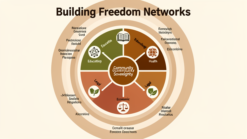 Infographic: Freedom Network wheel — Education, Technology, Health, Legal, Economic domains radiating from Community Sovereignty