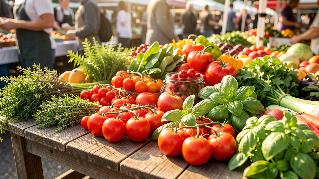 Fresh organic vegetables and herbs on a rustic wooden table