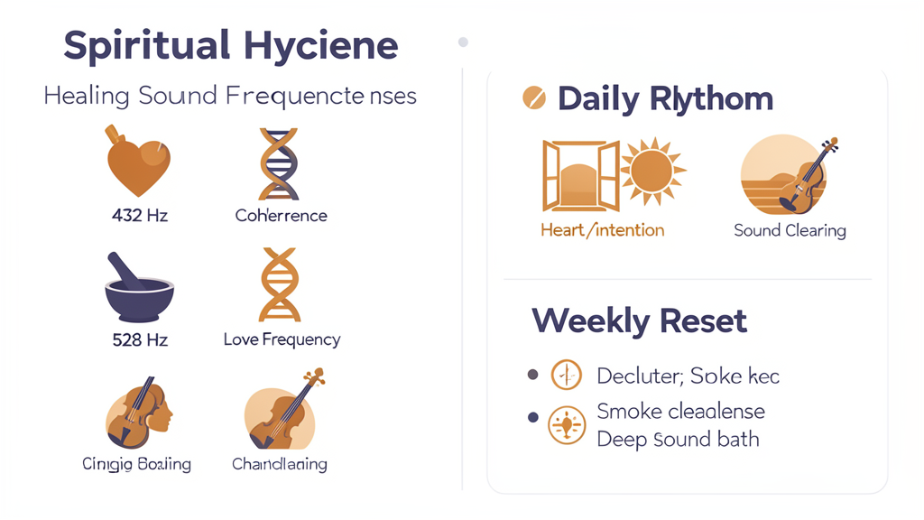 Infographic: Healing frequencies chart — 432 Hz and 528 Hz — with daily and weekly spiritual hygiene rhythm