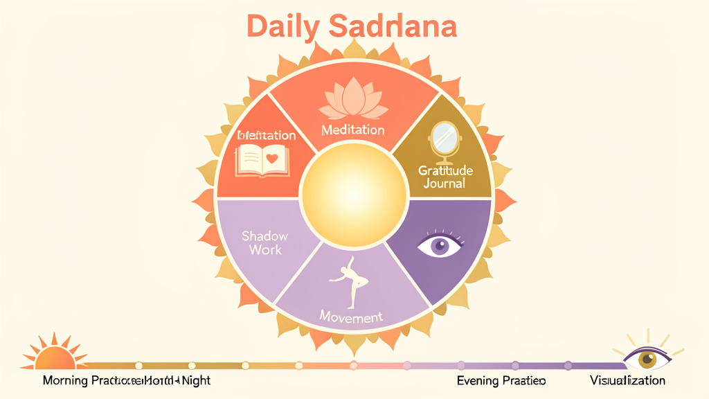 Infographic: Daily Sadhana sunrise mandala — Meditation, Gratitude, Shadow Work, Movement, Visualization