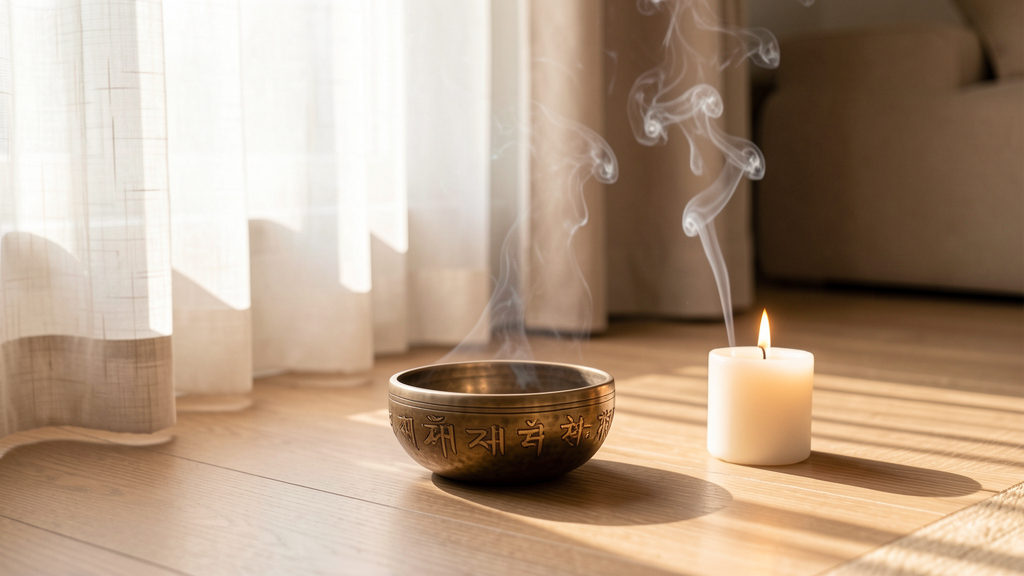 A serene meditation space with singing bowl, candle, and soft morning light