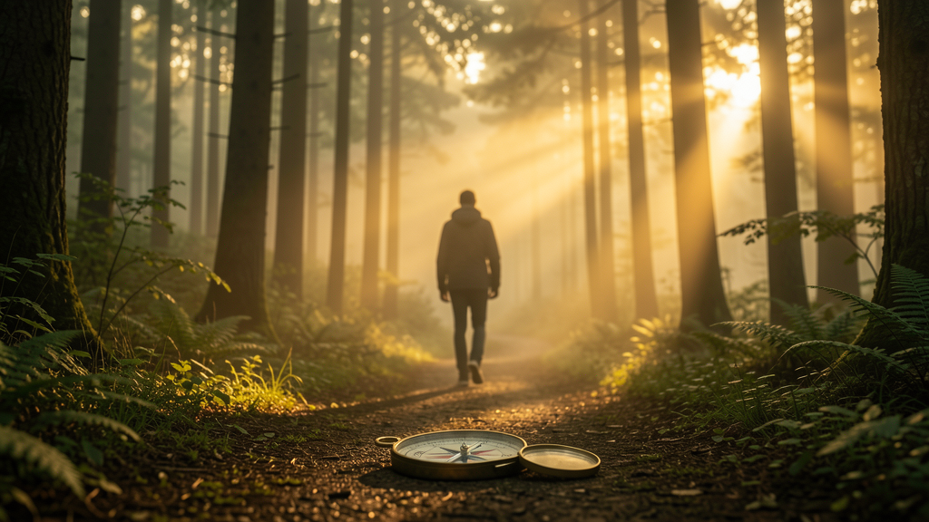 A winding forest path at dawn with golden light filtering through trees